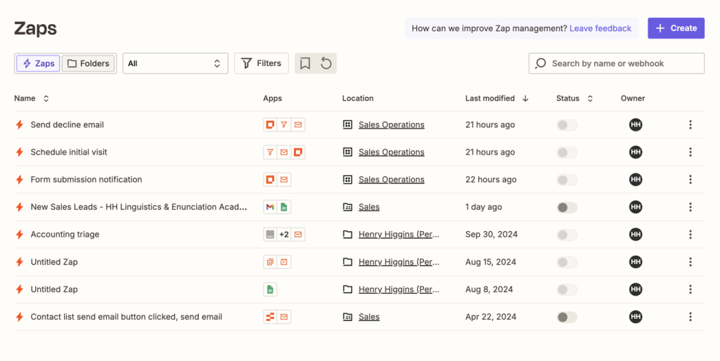 List of Zaps in Zapier. Zaps are individual workflows that can be triggered based on specific triggers.